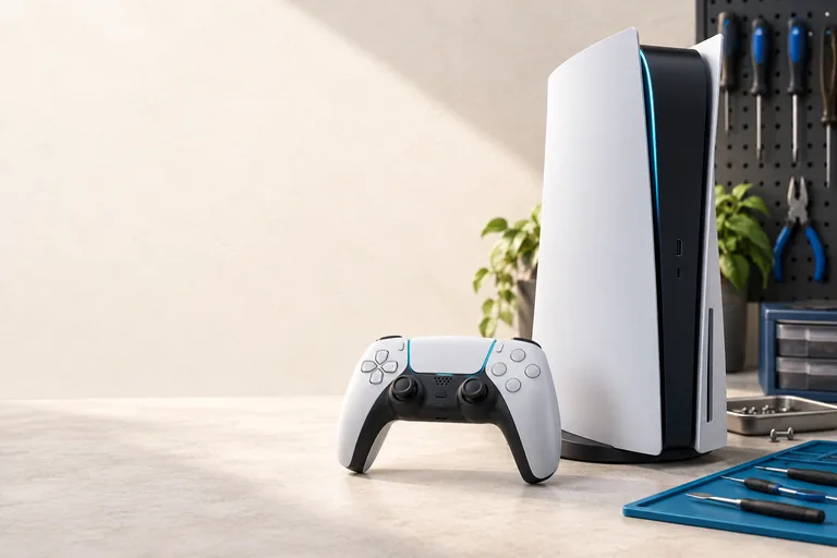 Console e controle sobre uma bancada de assistência técnica