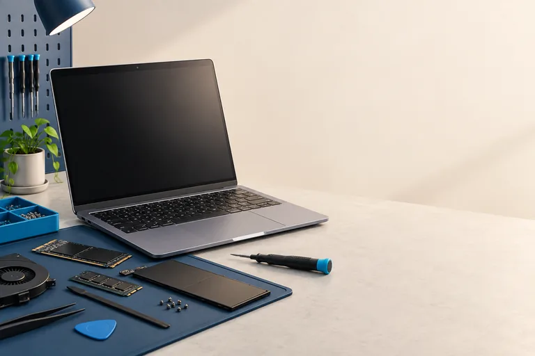 Notebook aberto com componentes e ferramentas de manutenção
