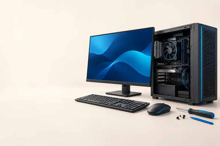 Computador desktop aberto com monitor e ferramentas de manutenção