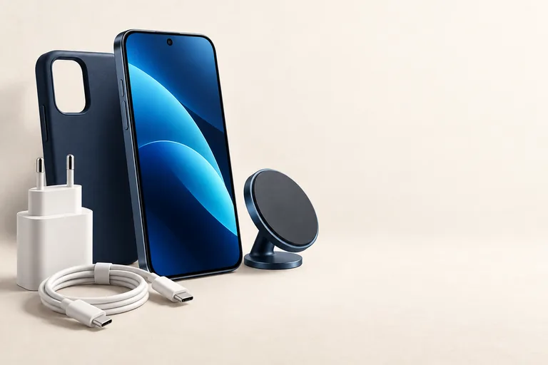 Celular e acessórios sobre uma bancada de assistência técnica